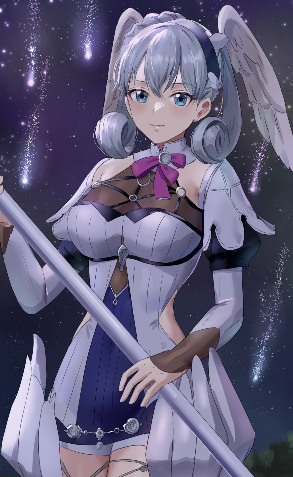 1girl amayo_thranana blue_eyes braid breasts cape crown_braid curly_hair dress gloves hat head_wings highres long_hair long_sleeves looking_at_viewer medium_breasts melia_antiqua o-ring short_dress simple_background smile solo staff telethia_(xenoblade) thigh-highs twintails upper_body xenoblade_chronicles:_future_connected xenoblade_chronicles_(series) xenoblade_chronicles_1