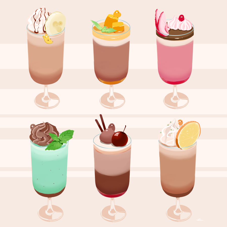 banana banana_slice chai_(drawingchisanne) cherry chocolate chocolate_syrup commentary_request cup drink drinking_glass food food_focus fruit garnish glass lime_(fruit) lime_slice looking_at_viewer mango mint no_humans on_food original pocky signature strawberry striped striped_background sweets_bird undersized_animal whipped_cream