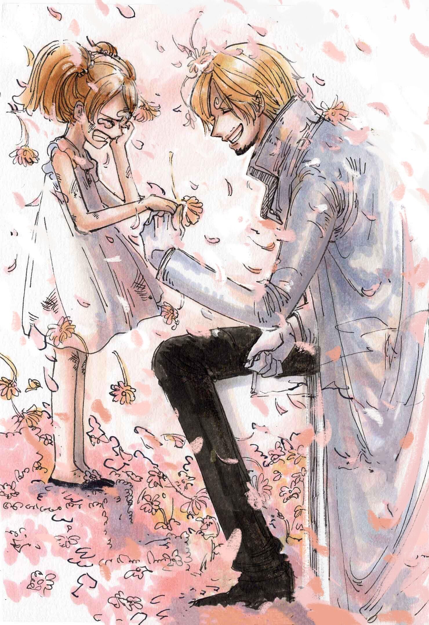 1boy 1girl age_regression black_pants blonde_hair brown_hair charlotte_pudding child cigarette clenched_teeth coat crying dress falling_petals fengcheche flower from_side gloves grin highres holding holding_cigarette holding_flower long_sleeves one_piece pants petals rubbing_eyes sanji_(one_piece) sitting sleeveless smile teeth twintails white_coat younger