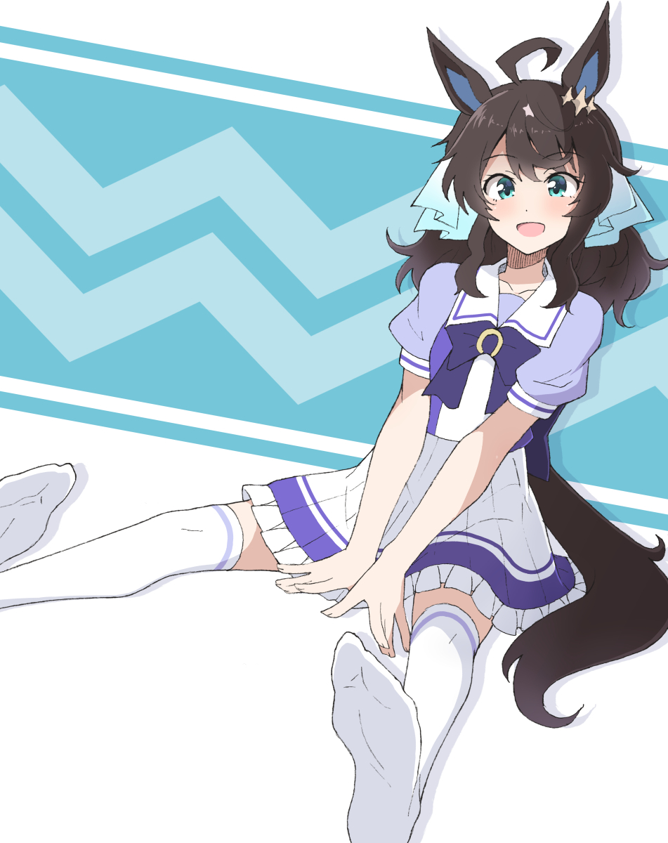 1girl ahoge animal_ears black_hair blue_eyes blush breasts collarbone commentary_request daring_tact_(umamusume) highres horse_ears looking_at_viewer medium_breasts medium_hair nel-c no_shoes school_uniform simple_background sitting soles solo thigh-highs umamusume white_thighhighs