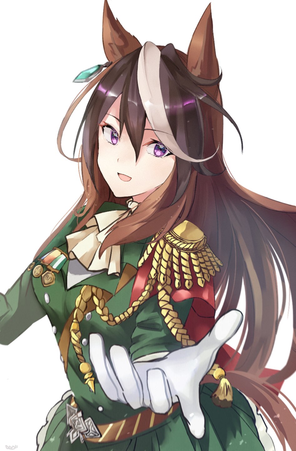 1girl :d aiguillette animal_ears ascot brown_hair cape earrings epaulettes frilled_skirt frills gloves gold_trim green_jacket green_skirt hair_between_eyes highres horse_ears horse_girl jacket jewelry long_hair long_sleeves mengo_(captainmeteor6) multicolored_hair pleated_skirt red_cape simple_background single_epaulette skirt smile solo streaked_hair symboli_rudolf_(umamusume) umamusume violet_eyes white_background white_gloves white_hair