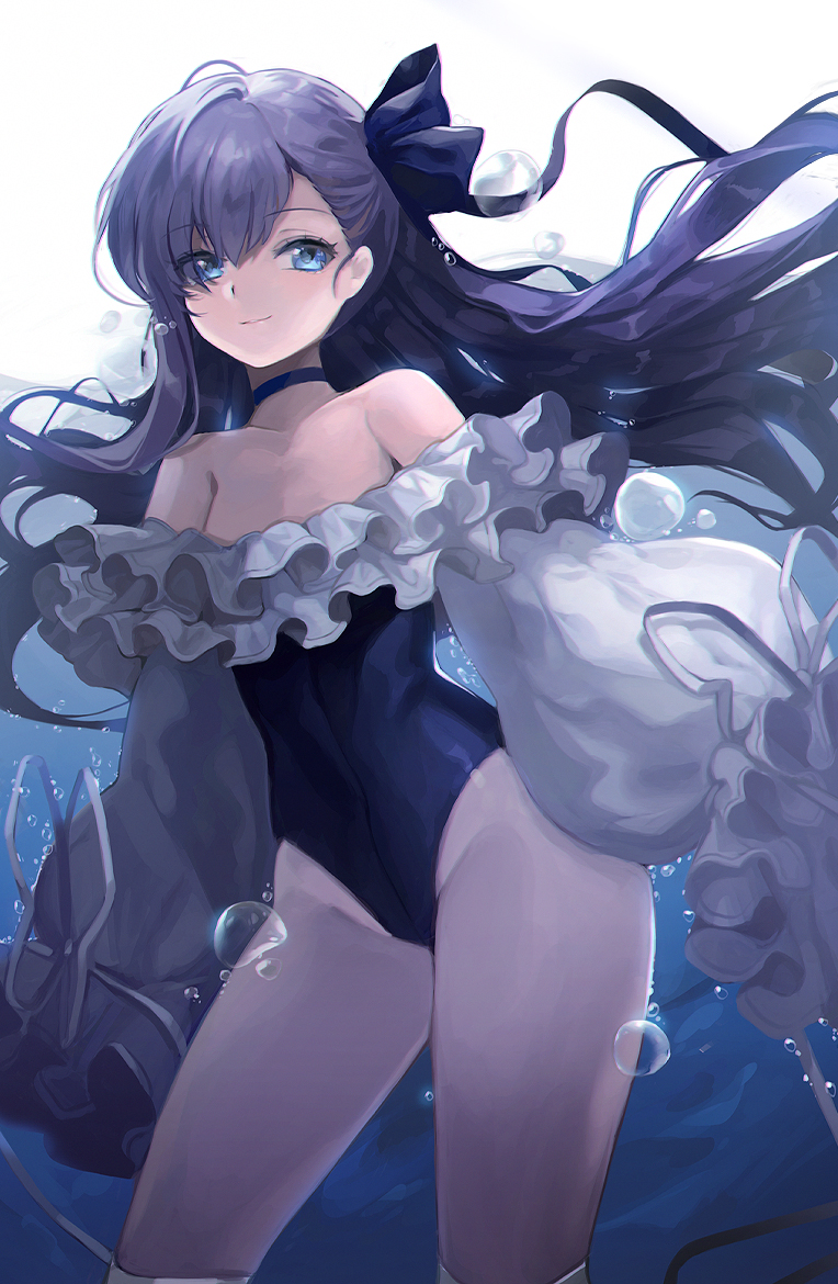 1girl air_bubble bare_shoulders blue_bow blue_choker blue_hair blue_swimsuit blush bow bubble choker eyes_visible_through_hair fate/grand_order fate_(series) frills grey_pantyhose grey_ribbon hair_bow light_blush long_hair meltryllis_(fate) meltryllis_(swimsuit_lancer)_(fate) off-shoulder_one-piece_swimsuit off_shoulder pantyhose parted_lips pla4neta purple_hair ribbon sleeves_past_wrists smile solo swimsuit underwater