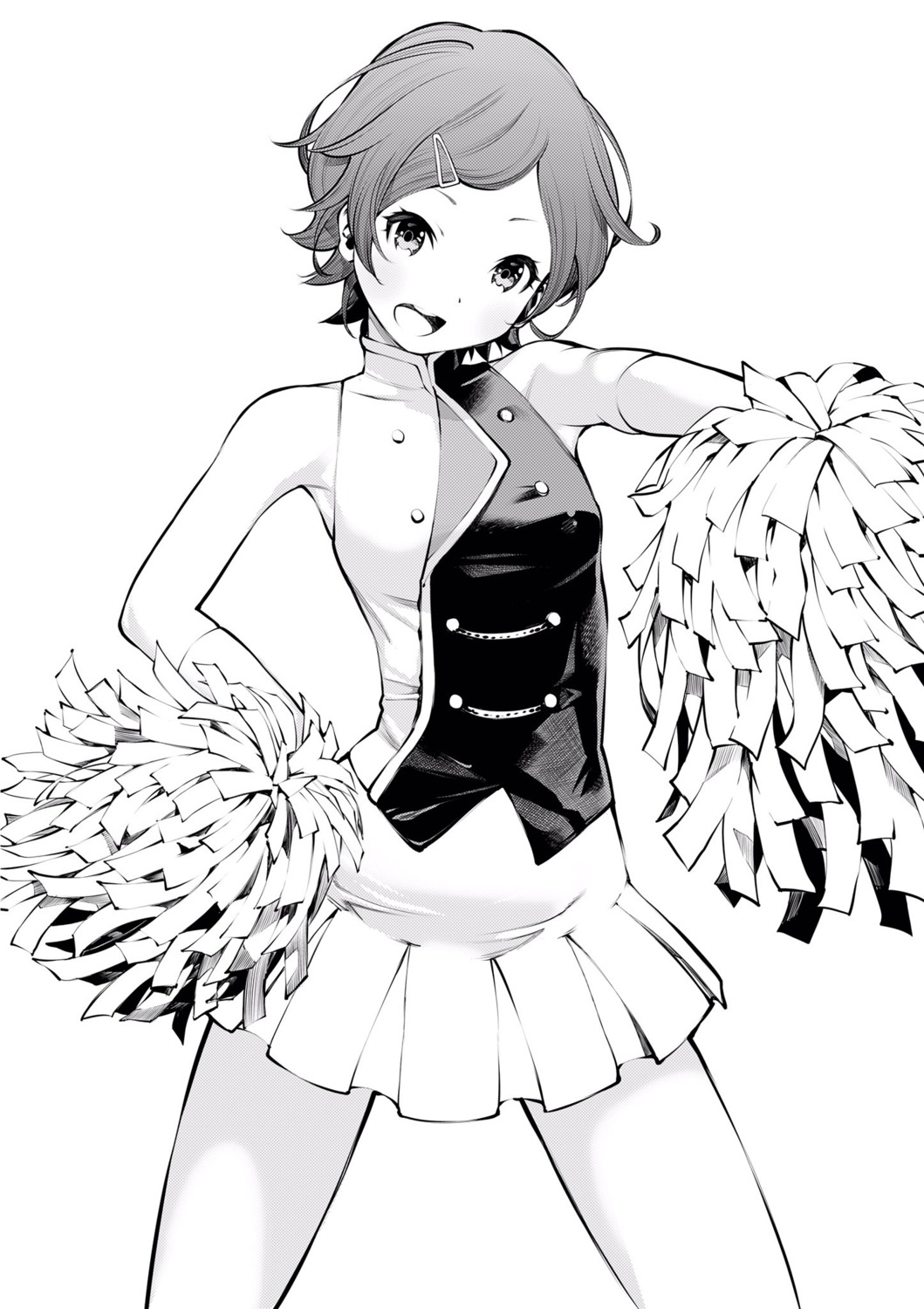 1girl :d armpits bad_id bad_twitter_id band_uniform bangs bare_shoulders breasts buttons cheerleader cowboy_shot elbow_gloves fukushima_masayasu gloves greyscale hair_ornament hairclip hand_on_hip head_tilt hibike!_euphonium highres katou_hazuki looking_at_viewer marching_band miniskirt monochrome multicolored_clothes open_mouth parted_bangs pleated_skirt pom_pom_(cheerleading) round_teeth shirt short_hair skirt sleeveless sleeveless_shirt small_breasts smile solo standing swept_bangs teeth thighs uniform upper_teeth