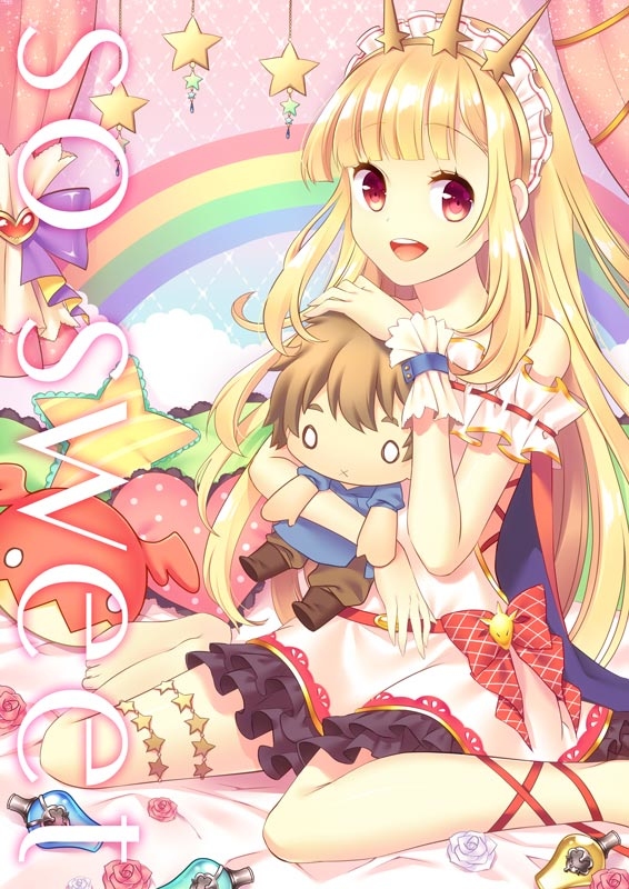 1girl :x alternate_costume alternate_eye_color bangs barefoot blonde_hair blunt_bangs cagliostro_(granblue_fantasy) character_doll comiket_91 commentary_request cover cover_page doujin_cover dress foot_out_of_frame frilled_dress frilled_hairband frills full_body gold_hairband gran_(granblue_fantasy) granblue_fantasy hairband heart heart_pillow long_hair looking_at_viewer miya_(chocolate_holic) pillow rainbow red_eyes smile solo star_(symbol) star_pillow white_dress wrist_cuffs