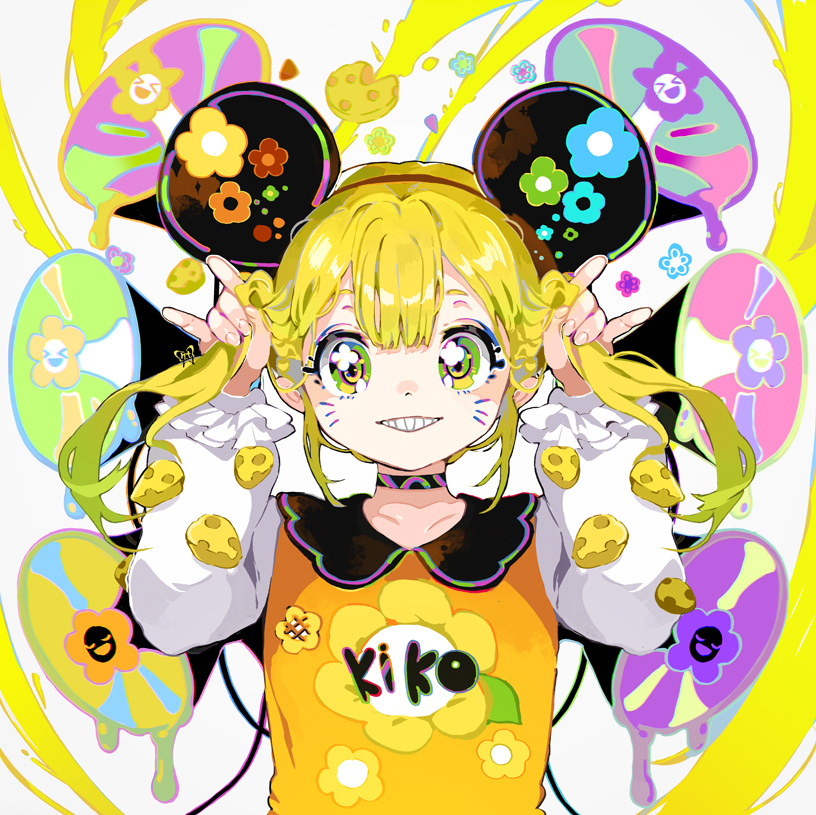 1girl animal animal_ears black_choker blonde_hair bug butterfly cheese choker closed_eyes collarbone facial_mark fake_animal_ears fingernails floral_print food frills green_eyes hand_in_own_hair holding holding_hair looking_at_viewer megaphone melting mouse_ears multicolored_eyes open_mouth original parted_lips pla4neta smile solo teeth twintails violet_eyes whisker_markings yellow_butterfly