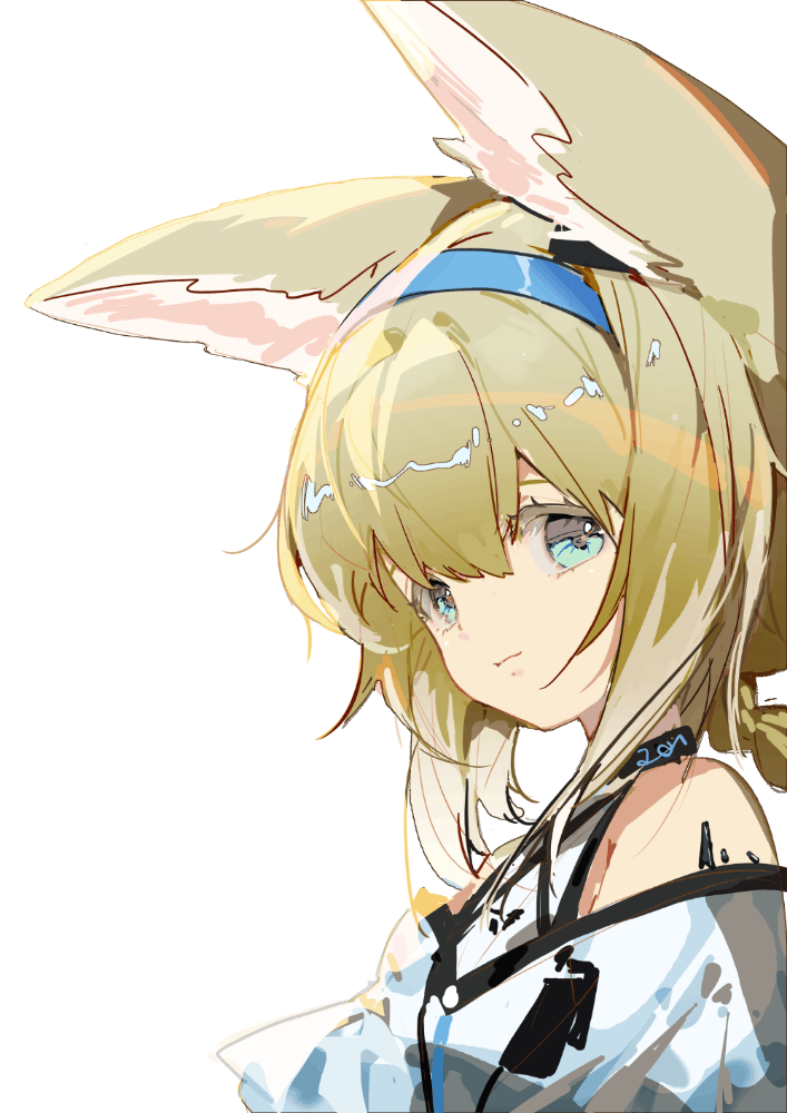 1girl animal_ear_fluff animal_ears arknights bangs bare_shoulders blonde_hair blue_eyes blue_hairband closed_mouth commentary english_commentary eyebrows_hidden_by_hair fox_ears hair_between_eyes hairband indai_(3330425) looking_at_viewer shirt simple_background solo suzuran_(arknights) white_background white_shirt