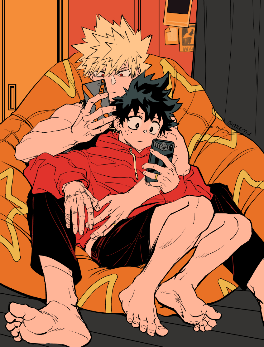 2boys artist_name bakugou_katsuki bare_arms barefoot bean_bag_chair black_shorts blonde_hair boku_no_hero_academia cellphone closed_mouth curtains flat_color freckles green_eyes green_hair holding holding_phone hood hoodie hug hug_from_behind indoors jewelry limited_palette looking_at_phone lying_on_person male_focus midoriya_izuku milmil_(wa_ten'nendesu) multiple_boys phone red_eyes red_hoodie ring scar scar_on_hand shirt short_hair shorts sitting sleeveless sleeveless_shirt smartphone spiky_hair spread_legs v-shaped_eyebrows
