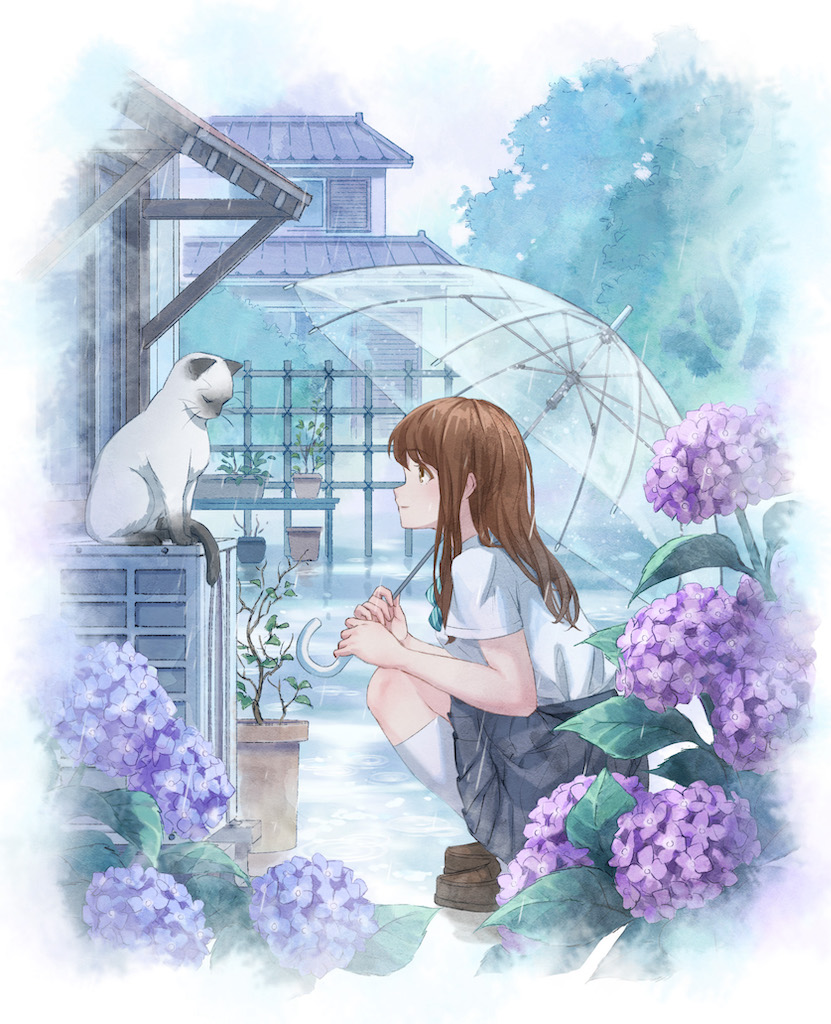 1girl air_conditioner bow bowtie brown_footwear building cat closed_mouth flower from_side green_bow green_bowtie grey_skirt gurafuru holding holding_umbrella house hydrangea kneehighs loafers looking_at_another original outdoors rain school_uniform shirt shoes short_sleeves skirt socks squatting transparent transparent_umbrella umbrella uniform white_shirt white_socks