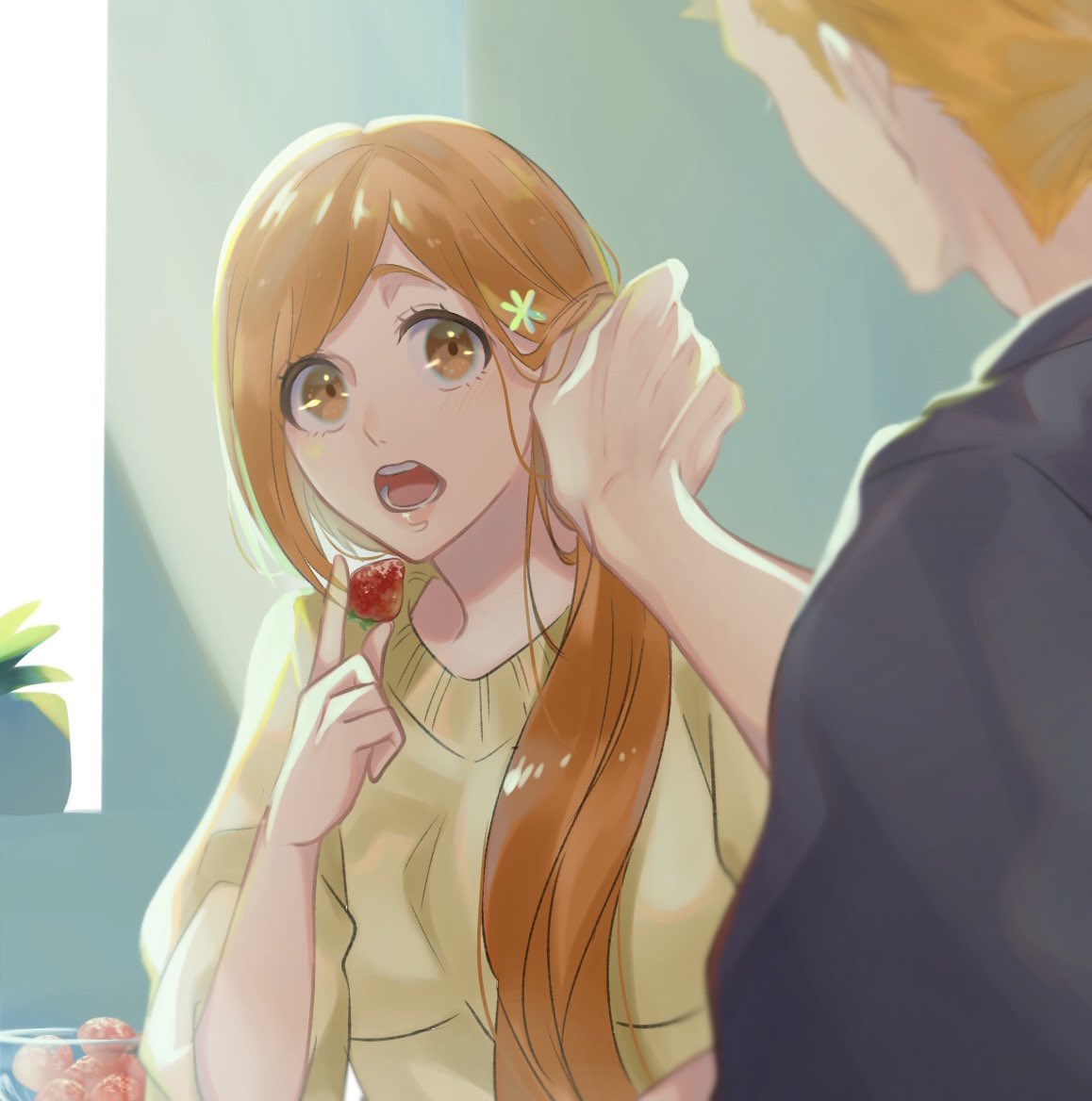 1boy 1girl 21_isbivm asymmetrical_wings black_shirt bleach breasts couple eating flower food fruit hair_behind_ear hair_flower hair_ornament hair_over_shoulder hand_in_another's_hair holding holding_food holding_fruit indoors inoue_orihime kurosaki_ichigo long_hair looking_at_another lower_teeth open_mouth orange_eyes orange_hair plant shirt short_hair sleeves_rolled_up strawberry sweater teeth upper_body upper_teeth wide-eyed window wings yellow_sweater