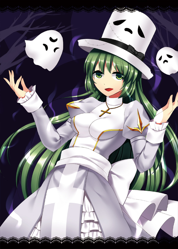 1girl alternate_color aura bangs black_bow bow breasts character_print commentary_request cowboy_shot cross cross_necklace dress frilled_sleeves frills ghost green_eyes green_hair grey_dress hat hat_bow high_priest_(ragnarok_online) jewelry juliet_sleeves long_hair long_sleeves looking_at_viewer medium_breasts miya_(chocolate_holic) necklace open_mouth petticoat puffy_sleeves ragfes ragnarok_online sash smile top_hat tree two-tone_dress whisper_(ragnarok_online) white_bow white_dress white_sash