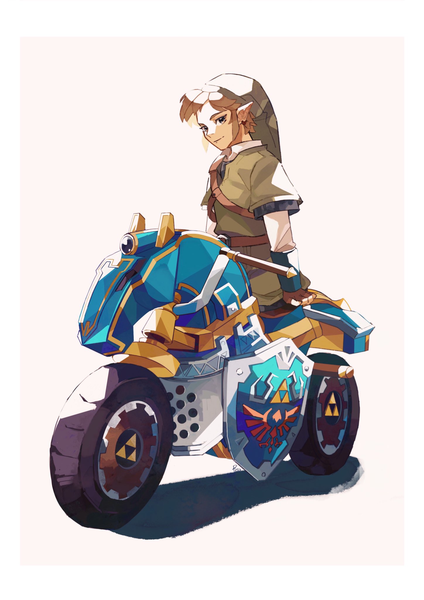 1boy bangs belt blonde_hair border earrings fingerless_gloves gloves green_headwear green_tunic ground_vehicle highres jewelry link male_focus mario_kart_8 master_cycle motor_vehicle motorcycle pisu_1107 pointy_ears shield shirt short_hair shoulder_strap sidelocks the_legend_of_zelda triforce white_shirt