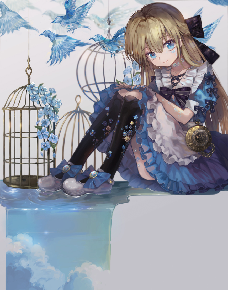 1girl alice_(alice_in_wonderland) alice_in_wonderland bird black_bow black_thighhighs blonde_hair blue_bow blue_dress blue_eyes blue_flower blurry blurry_background bow cage closed_mouth clouds collarbone dress floral_print flower frilled_dress frills gem glass grey_background grey_footwear hair_between_eyes hair_bow lens_flare long_hair looking_at_viewer pink_flower pla4neta pocket_watch reflection ripples sitting smile solo striped striped_bow thigh-highs watch water yellow_flower