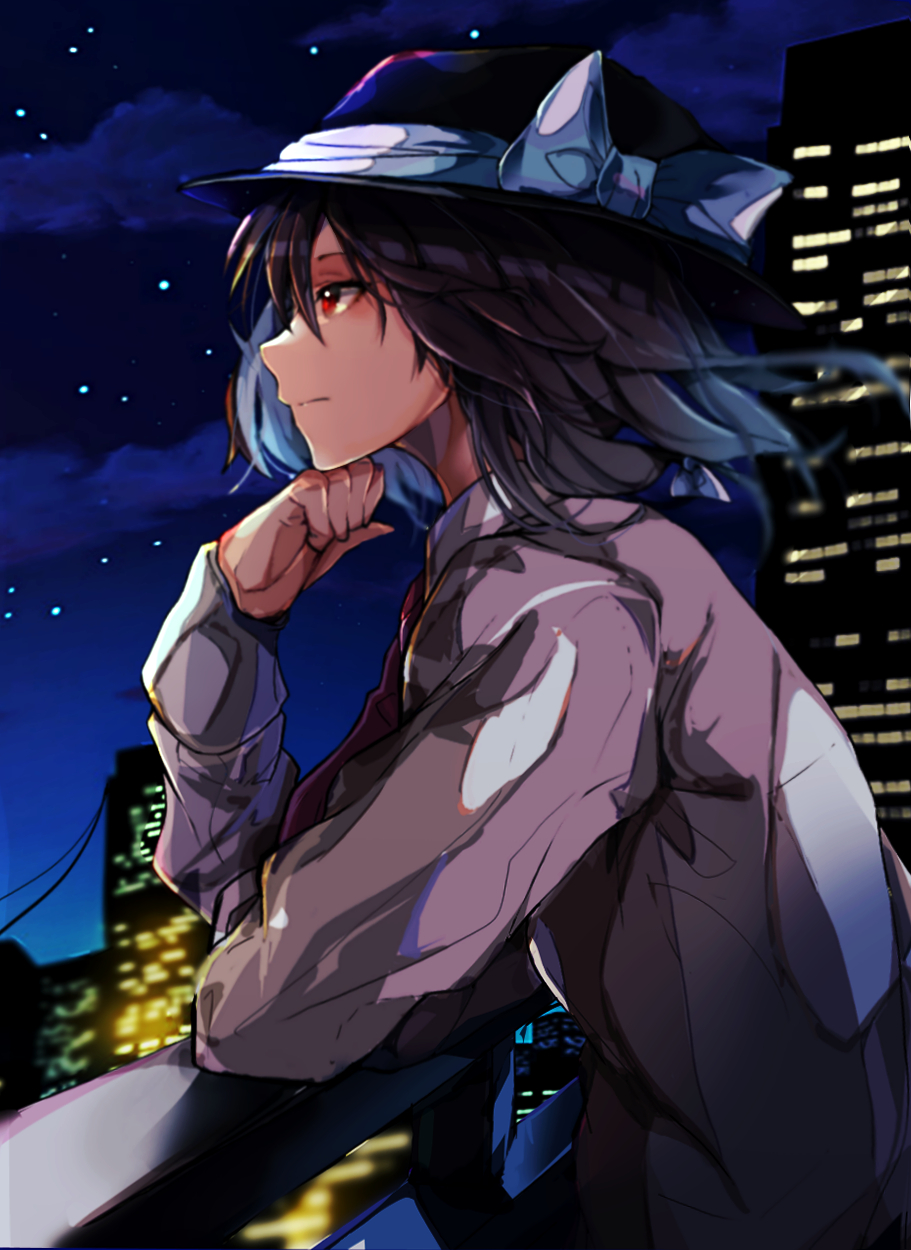 1girl balcony bangs black_hair black_headwear bow city closed_mouth clouds from_side gradient_sky hand_on_own_chin hat hat_bow highres krs_(kqrqsi) long_sleeves night night_sky outdoors red_eyes shirt short_hair sky solo star_(sky) starry_sky touhou usami_renko white_bow white_shirt