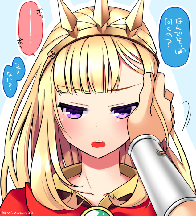 1girl 1other bangs blonde_hair blunt_bangs blush cagliostro_(granblue_fantasy) commentary_request gold_hairband granblue_fantasy hand_in_another's_hair long_hair looking_at_viewer miya_(chocolate_holic) open_mouth portrait pov pov_hands simple_background solo_focus translation_request violet_eyes white_background