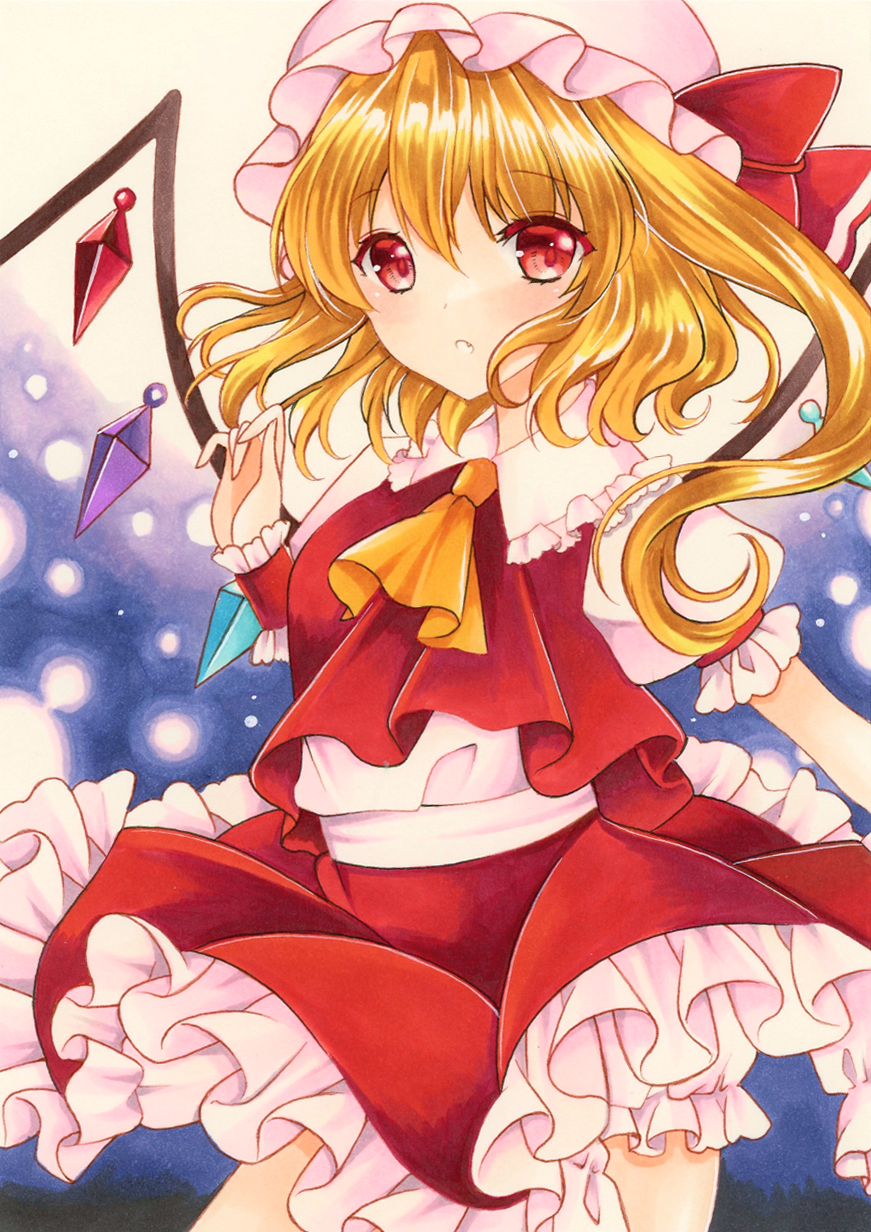 1girl :o ascot blonde_hair blue_background collared_shirt cowboy_shot fang flandre_scarlet frilled_shirt_collar frilled_skirt frilled_sleeves frills hair_between_eyes hat highres marker_(medium) medium_hair mob_cap multicolored_wings o_o1219 puffy_short_sleeves puffy_sleeves red_eyes red_skirt red_vest shiny shiny_hair shirt short_sleeves side_ponytail skirt solo touhou traditional_media vest white_headwear white_shirt wings yellow_ascot