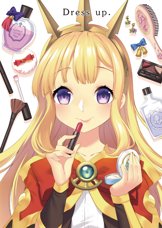 1girl applying_makeup bangs blonde_hair blush bottle bow bowtie cagliostro_(granblue_fantasy) cape closed_mouth comiket_97 commentary_request cosmetics cover cover_page doujin_cover gold_hairband granblue_fantasy hair_brush lipstick_tube long_hair looking_at_viewer makeup_brush miya_(chocolate_holic) perfume_bottle purple_bow red_bow red_bowtie red_cape smile solo upper_body violet_eyes white_background