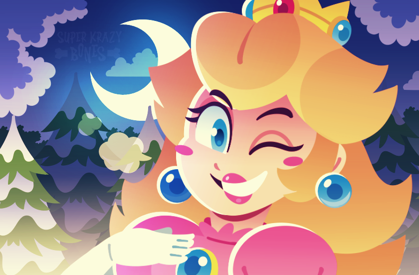 blonde_hair blue_eyes blush crown earrings gloves jewelry long_hair moon one_eye_closed pink_lips princess_peach smile snow super_mario_bros. superkrazybones white_gloves