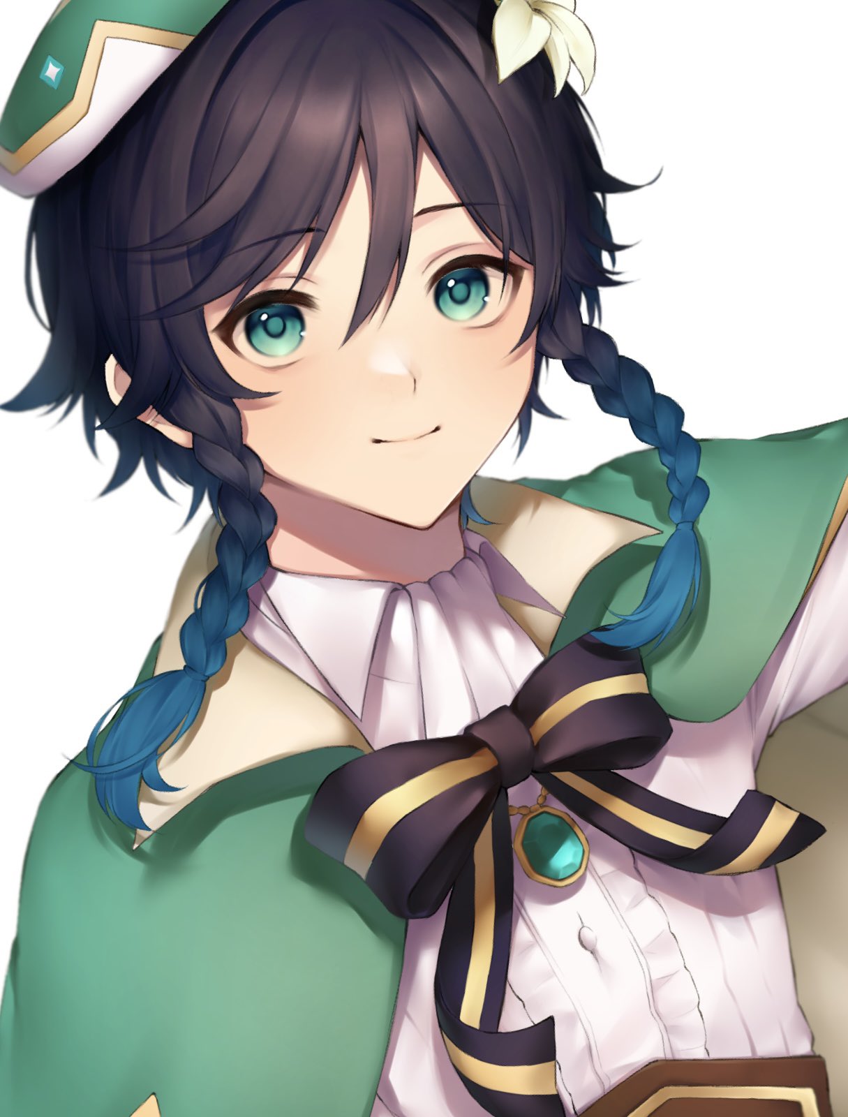 1boy aqua_eyes bangs beret black_hair blue_hair bow braid cape english_commentary flower genshin_impact green_cape green_headwear hair_between_eyes hat highres looking_at_viewer male_focus return_im simple_background solo twin_braids upper_body venti_(genshin_impact) white_background white_flower