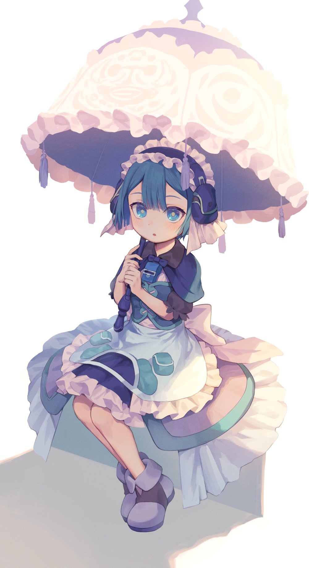 1boy :o apron black_shirt blue_capelet blue_eyes blue_hair blue_skirt blush capelet facial_mark fold-over_boots hairband highres holding holding_umbrella lolita_hairband made_in_abyss maid maid_headdress male_child male_focus maruruk otoko_no_ko parasol parted_lips shirt short_hair sitting skirt taranboman umbrella waist_apron whistle whistle_around_neck white_apron