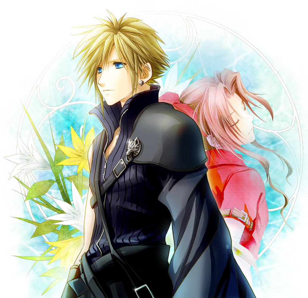 1boy 1girl aerith_gainsborough arm_belt armor back-to-back bangs black_shirt blonde_hair blue_eyes brown_hair closed_eyes cloud_strife couple cropped_jacket earrings final_fantasy final_fantasy_vii final_fantasy_vii_advent_children flower hair_between_eyes hair_ribbon high_collar jacket jewelry leaf long_hair looking_to_the_side open_collar parted_bangs persia_(blue-sky) red_jacket red_ribbon ribbon shirt short_hair short_sleeves shoulder_armor shoulder_strap sidelocks single_earring sleeveless sleeveless_shirt spiky_hair vignetting waist_cape white_flower wolf yellow_flower zipper