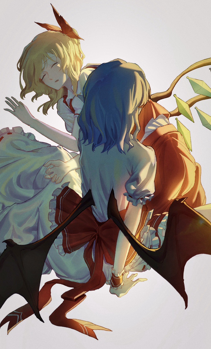 2girls back_bow bat_wings blonde_hair blue_hair bow chinese_commentary closed_eyes collared_shirt commentary_request crystal dress e_(you33ou) flandre_scarlet grey_background hair_bow highres lying medium_hair multiple_girls on_side parted_lips pointy_ears puffy_short_sleeves puffy_sleeves red_bow red_skirt red_vest remilia_scarlet shirt short_sleeves siblings simple_background sisters sitting skirt skirt_set sleeping touhou vest white_dress white_shirt wings wrist_cuffs