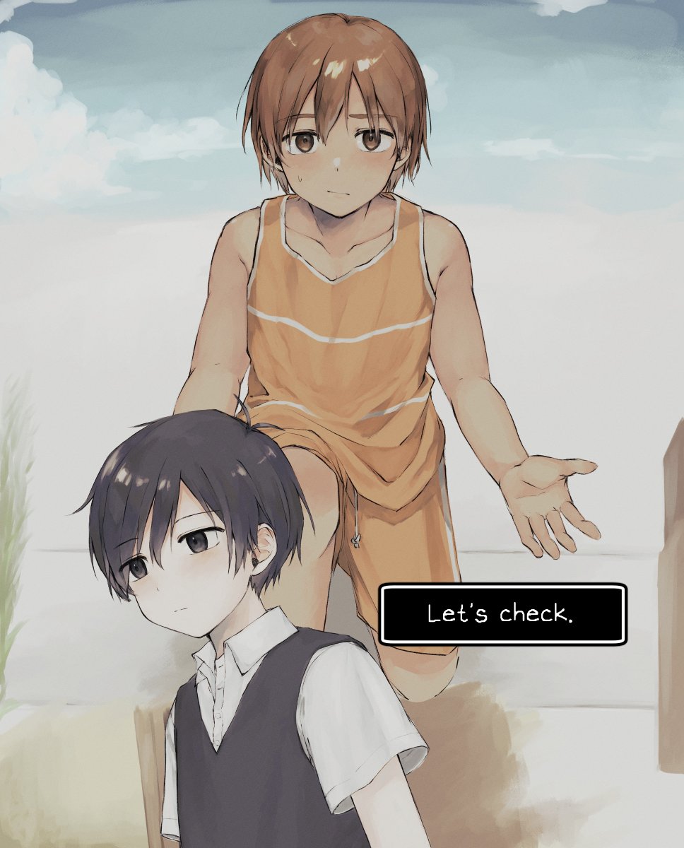 2boys black_eyes black_hair blush brown_eyes brown_hair closed_mouth collarbone dark-skinned_male dark_skin expressionless highres kel_(omori) looking_at_viewer multiple_boys omori one_knee pale_skin sen_(ke1sun_v) shirt short_hair short_sleeves sunny_(omori) sweatdrop white_shirt