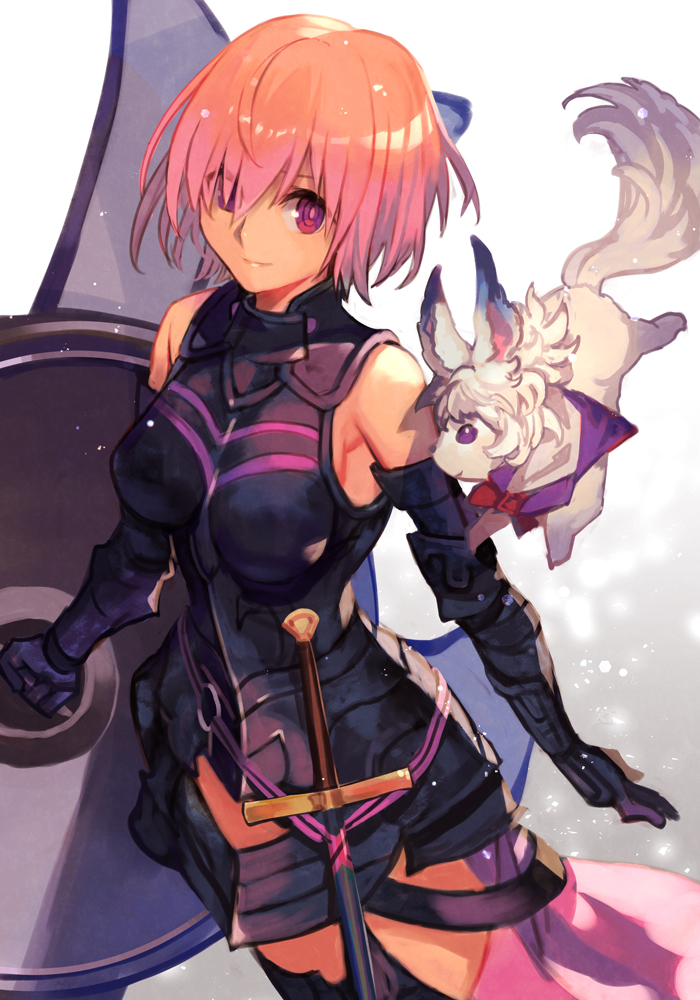1girl 1other animal_ears armor armored_dress armpits bare_shoulders black_dress black_thighhighs breasts cowboy_shot dress eyes_visible_through_hair fate/grand_order fate_(series) feet_out_of_frame fou_(fate) gauntlets gradient gradient_background grey_background hair_over_one_eye hankuri holding holding_shield looking_at_viewer mash_kyrielight medium_breasts pink_hair purple_hair shield short_hair simple_background smile sword tail thigh-highs violet_eyes weapon white_background
