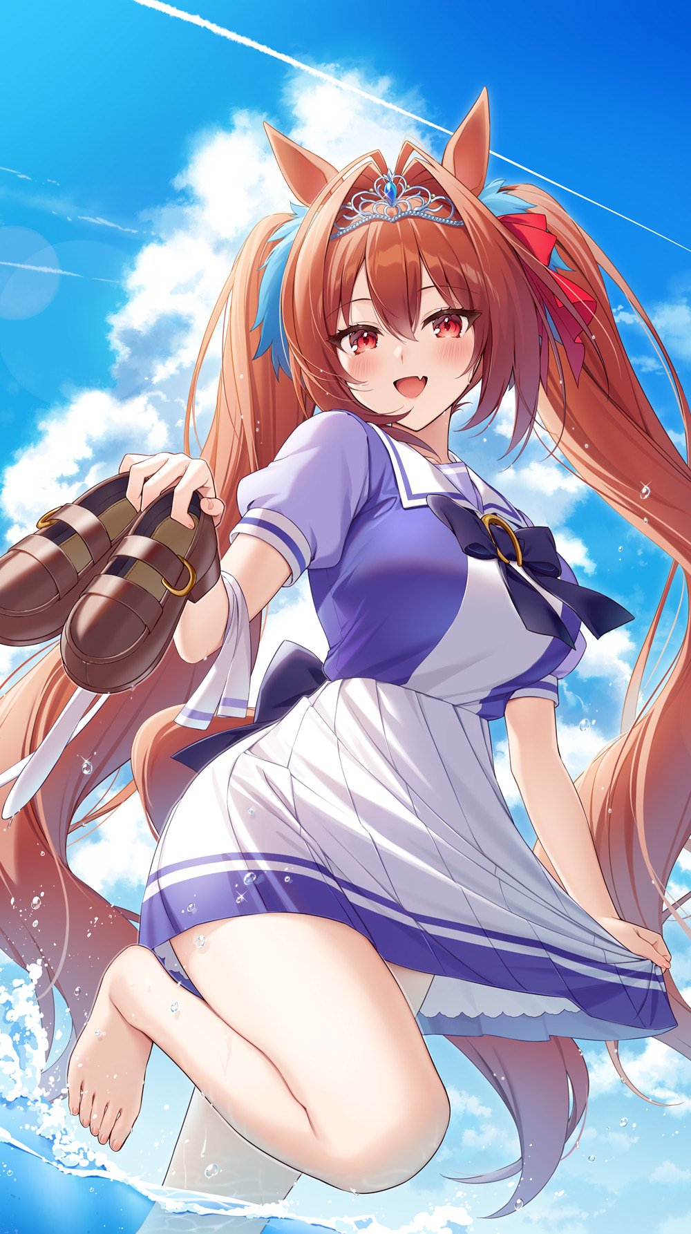 1girl animal_ears barefoot beach breasts brown_footwear clouds daiwa_scarlet_(umamusume) fangs highres horse_ears horse_girl kuroki_(ma-na-tu) large_breasts legwear_removed long_hair looking_at_viewer open_mouth outdoors pleated_skirt red_eyes redhead ribbon school_uniform shoes skirt sky smile solo thigh-highs twintails umamusume very_long_hair water white_thighhighs