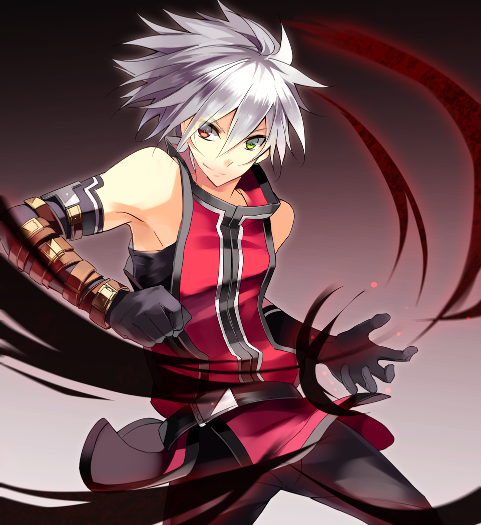 1boy arm_belt aura bare_shoulders belt belt_buckle black_gloves blazblue brown_belt buckle closed_mouth dark_aura elbow_gloves eyes_visible_through_hair gloves gradient gradient_background green_eyes grey_hair hair_between_eyes heterochromia male_focus qitoli ragna_the_bloodedge red_eyes smile solo v-shaped_eyebrows younger