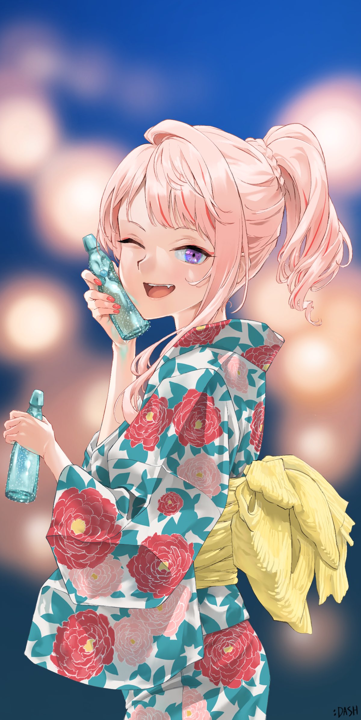 1girl ;d artist_name bangs blurry blurry_background bokeh bottle bottle_to_cheek cowboy_shot depth_of_field esc1_2d fang floral_print from_side hand_up high_ponytail highres himehina_channel holding holding_bottle japanese_clothes kimono long_sleeves medium_hair multicolored_hair nail_polish obi one_eye_closed open_mouth pink_hair pink_nails print_kimono ramune sash shadow sidelocks smile solo streaked_hair swept_bangs tanaka_hime teeth upper_teeth violet_eyes wide_sleeves yukata