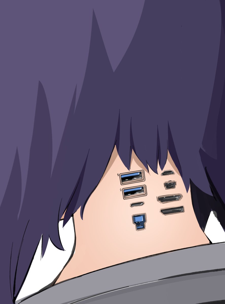 1girl close-up commentary_request cyborg from_behind ghost_in_the_shell highres kamukamu_(ars) kusanagi_motoko nape purple_hair solo too_many usb