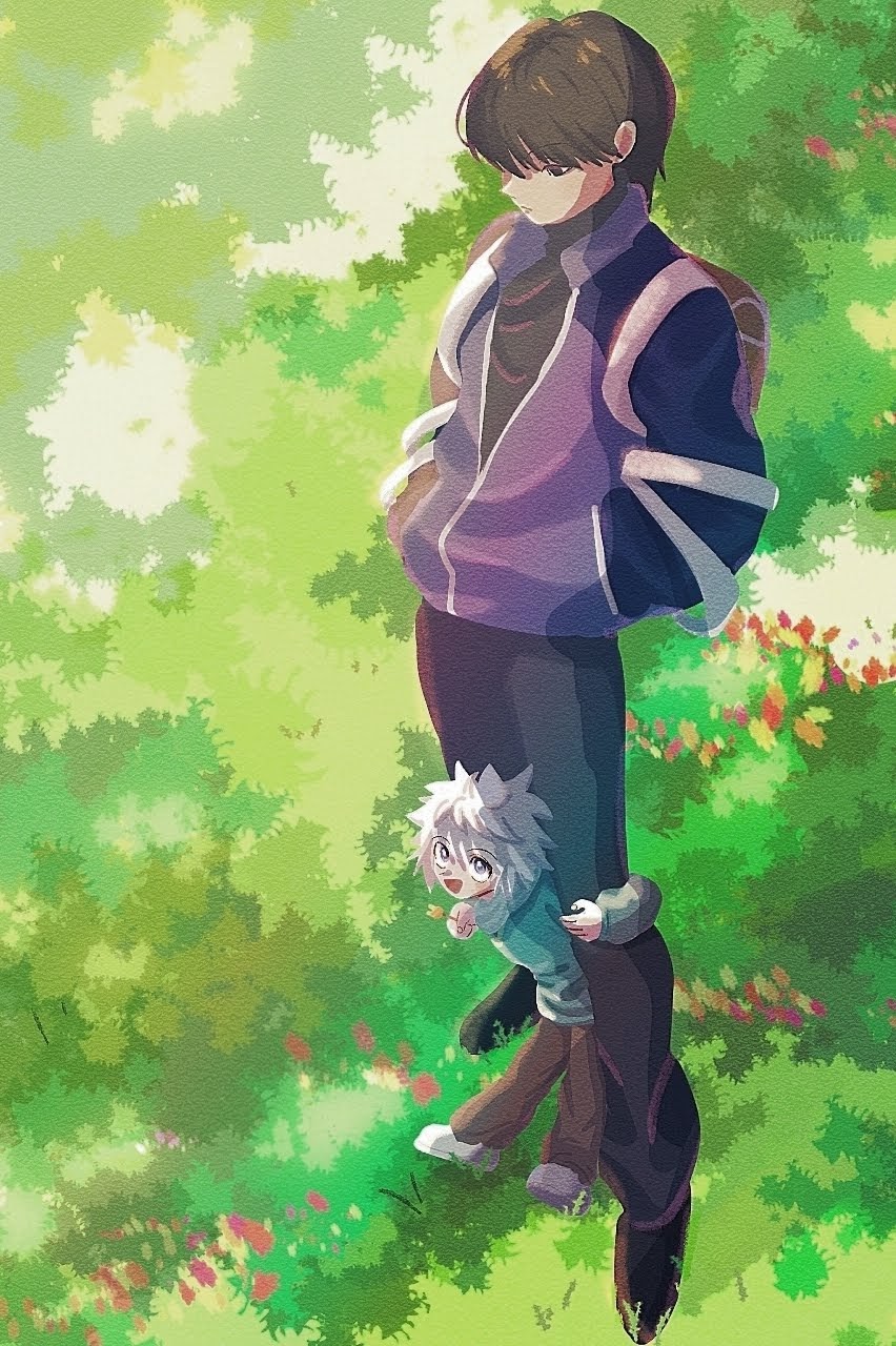 2boys :d backpack bag between_legs black_eyes black_hair black_pants brothers child hands_in_pockets highres hood hoodie hunter_x_hunter illumi_zoldyck jacket killua_zoldyck looking_at_another looking_down male_focus multiple_boys pants plant purple_jacket short_hair siblings smile standing thicopoyo white_hair younger