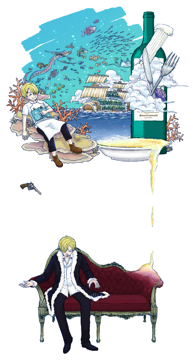 alcohol apron black_pants blonde_hair book chef_hat clouds coat coral coral_reef couch food fork fur-trimmed_coat fur_trim gun hair_over_one_eye handgun hat highres holding holding_book knife ocean one_piece open_clothes open_coat pants sanji ship shirt sitting smile soup surreal wanawana watercraft weapon white_shirt wine younger