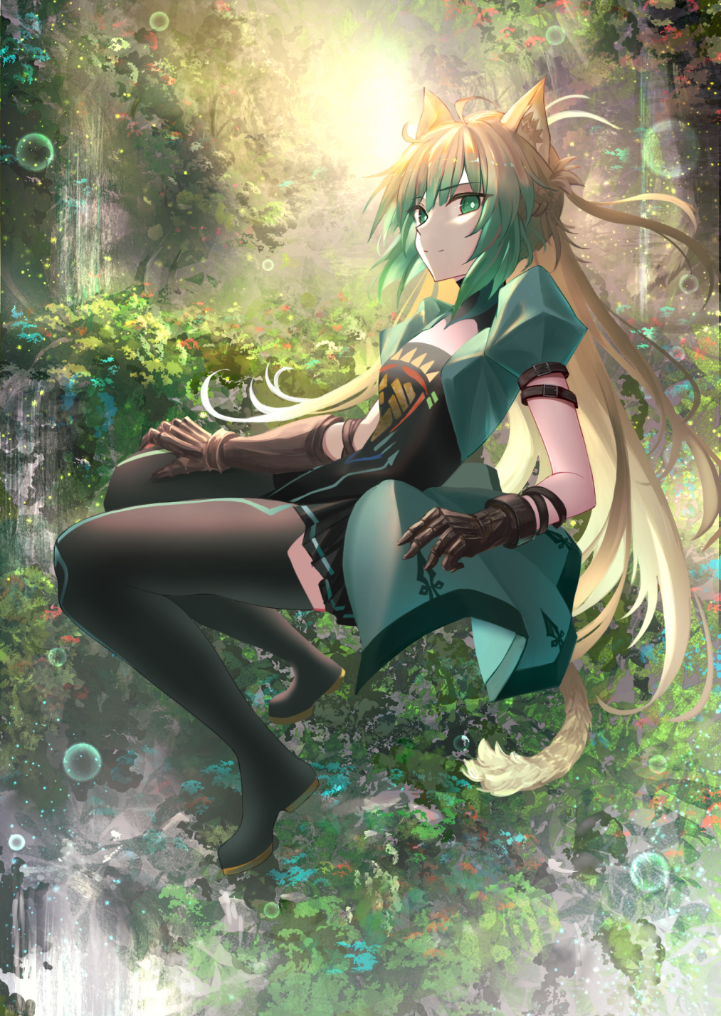 1girl animal_ears atalanta_(fate) black_dress black_gloves black_thighhighs blonde_hair bubble closed_mouth commentary dress fate/apocrypha fate/grand_order fate_(series) gloves green_dress green_eyes green_hair highres kaze_minoru_so-ru leaf lion_ears lion_tail long_hair looking_at_viewer multicolored_clothes multicolored_hair nature outdoors plant puffy_short_sleeves puffy_sleeves short_sleeves smile solo sunlight tail thigh-highs two-tone_dress two-tone_hair