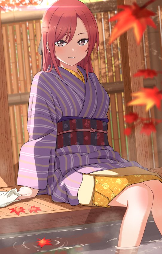 1girl bangs blurry blurry_foreground blush character_request commission copyright_request feet_out_of_frame grey_eyes half_updo japanese_clothes kimono leaf long_hair long_sleeves looking_at_viewer maple_leaf obi onsen outdoors purple_kimono redhead sash shibasaki_shouji sitting skeb_commission smile soaking_feet towel