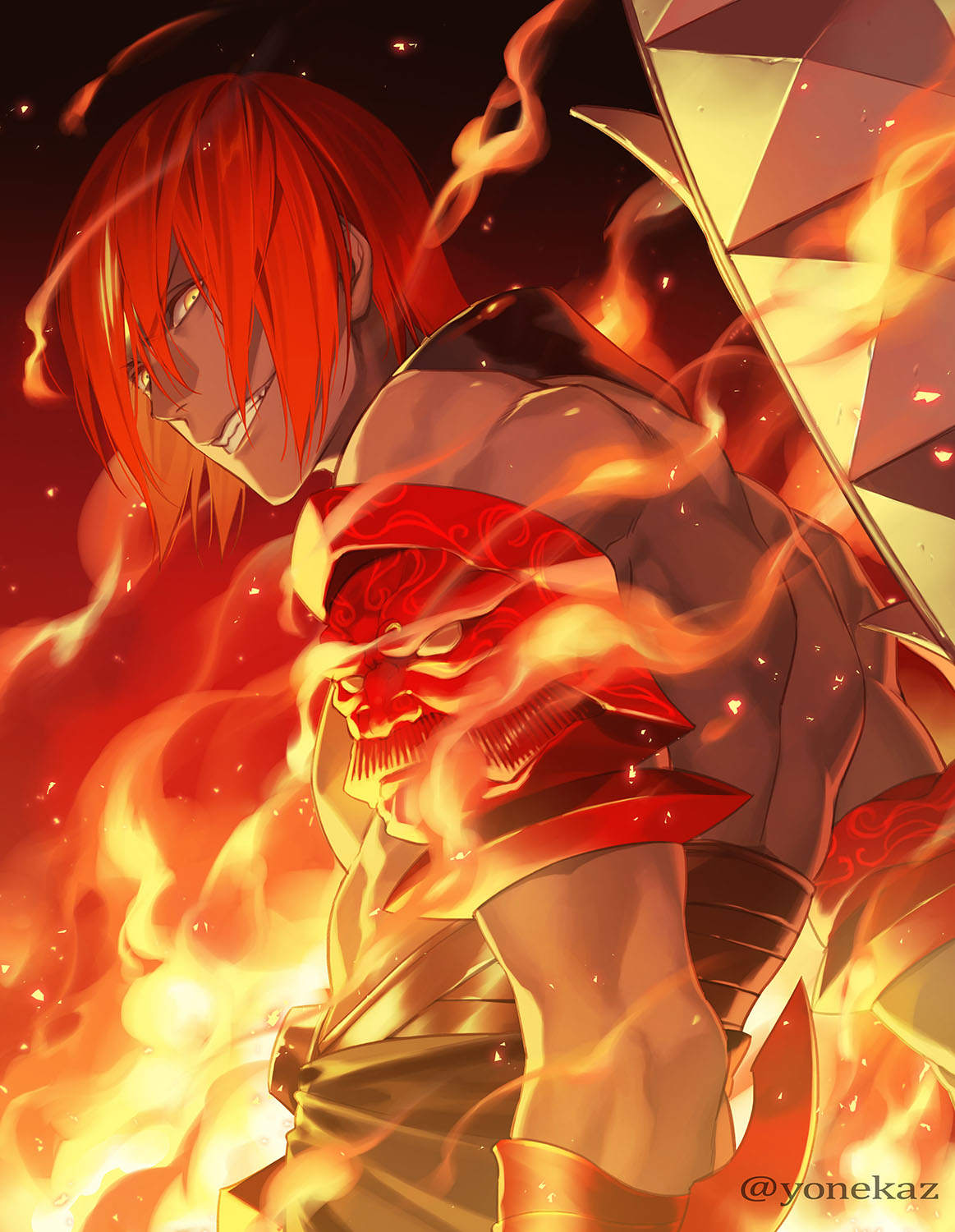 1boy arm_armor armor ashwatthama_(fate) bangs dark-skinned_male dark_skin fate/grand_order fate_(series) fire highres holding holding_weapon kazuki_yone light_particles looking_at_viewer looking_back male_focus muscular muscular_male redhead short_hair smile solo teeth topless_male twitter_username upper_body weapon yellow_eyes