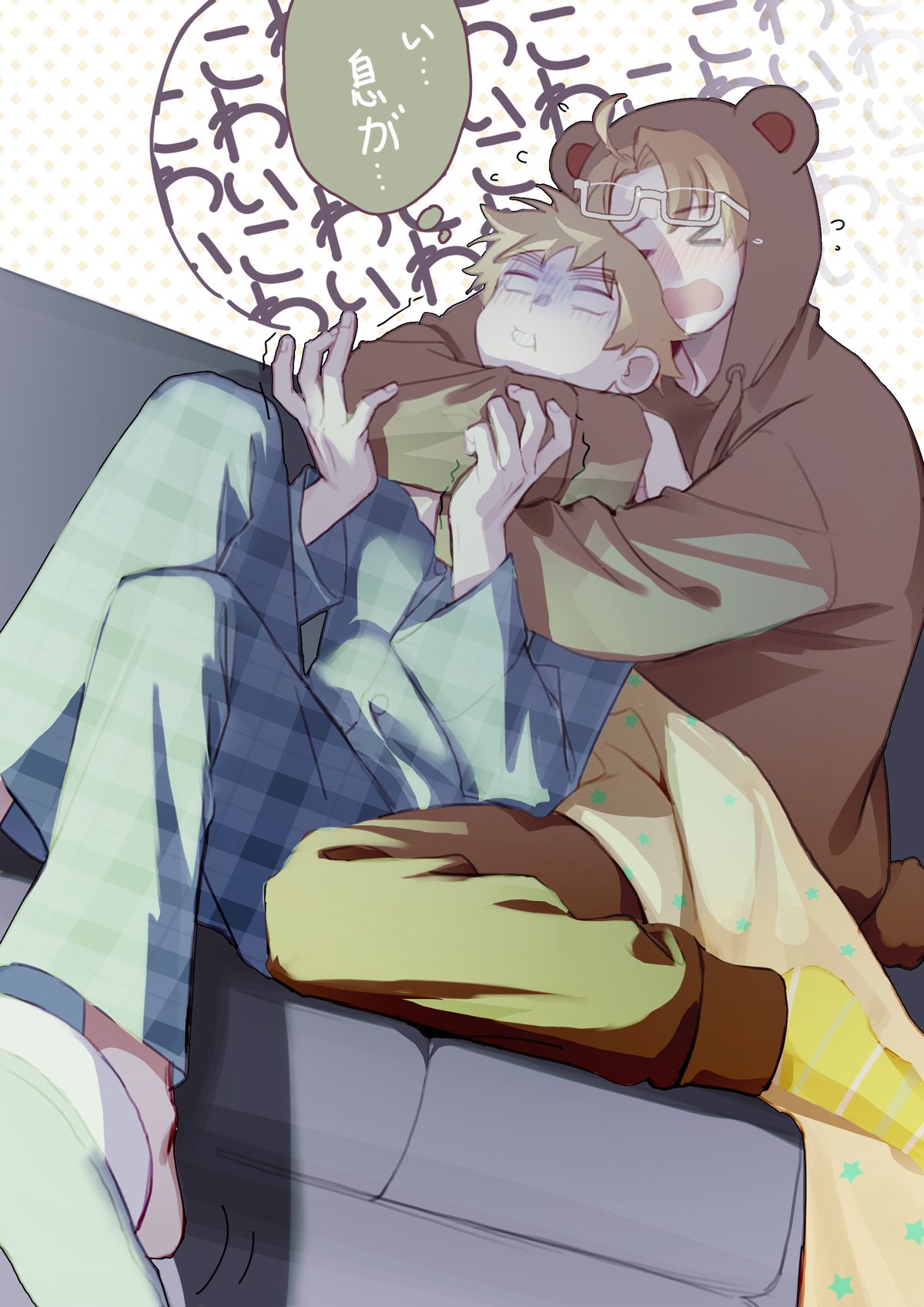 2boys america_(hetalia) axis_powers_hetalia bear_pajamas blank_eyes blanket blonde_hair blue_pajamas blush clinging couch dotted_background eyewear_on_head flying_sweatdrops highres hood hood_up huacai hug hug_from_behind multiple_boys onesie pajamas plaid_pajamas scared slippers socks speech_bubble star_(symbol) star_print thought_bubble turn_pale united_kingdom_(hetalia) watching_television xo yellow_socks