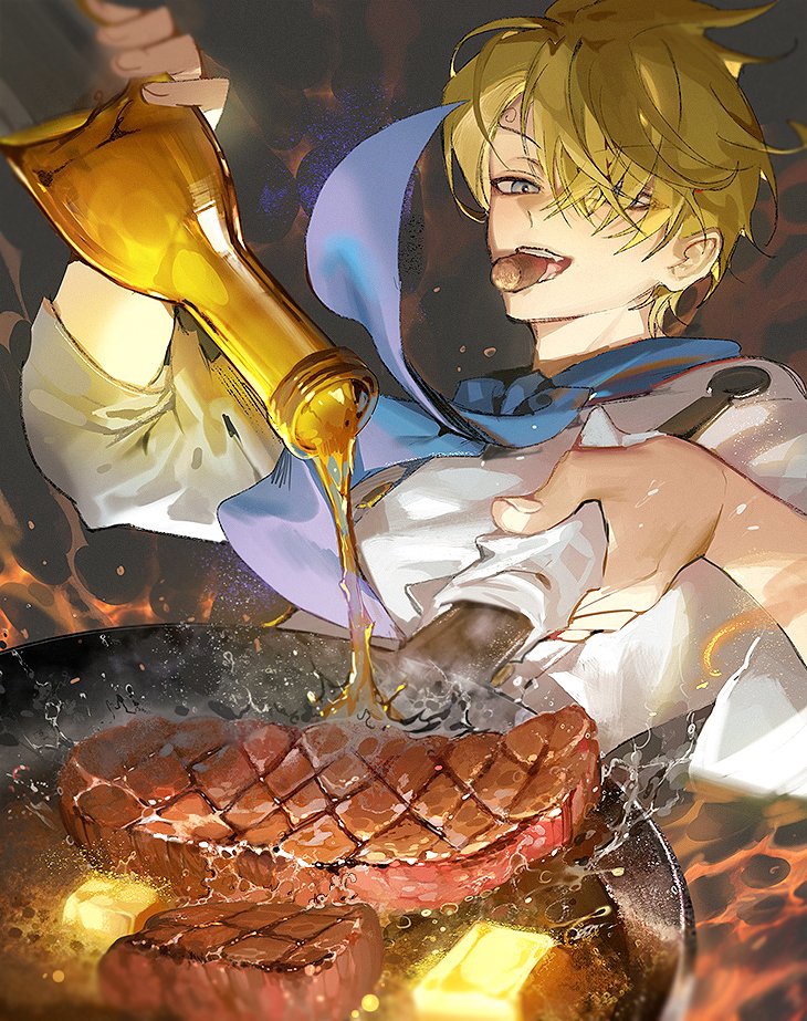 1boy blonde_hair blue_eyes bottle butter chef_uniform cigarette cooking fire food frying_pan hair_over_one_eye holding holding_bottle looking_ahead male_focus neckerchief one_piece runa_(artist) sanji shirt shokugeki_no_sanji short_hair smile steak younger