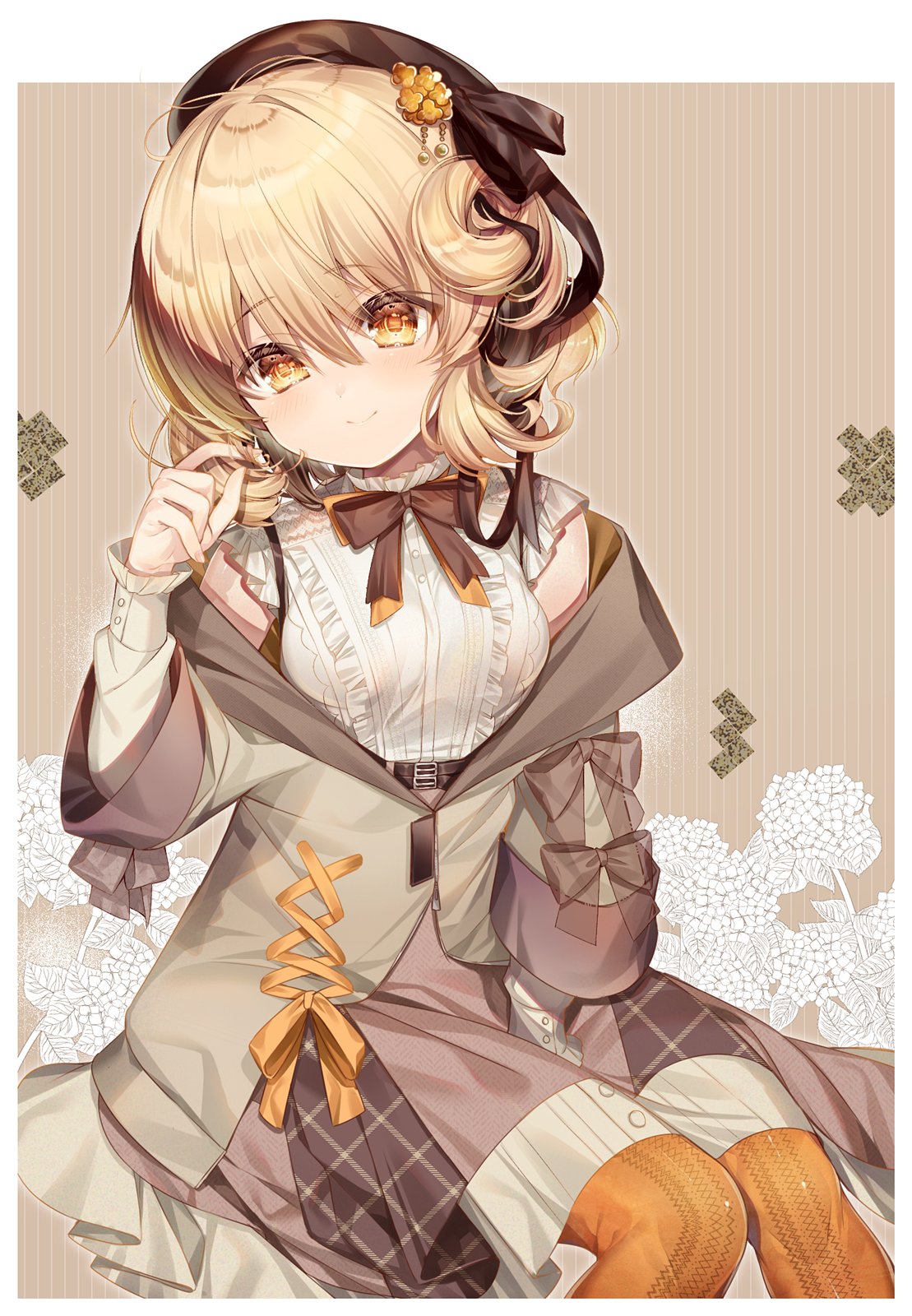 beret black_headwear blonde_hair center_frills character_request chi_no copyright_request frilled_shirt frilled_sleeves frills hair_twirling hat highres off_shoulder pantyhose shirt short_hair sitting white_shirt yellow_eyes yellow_pantyhose