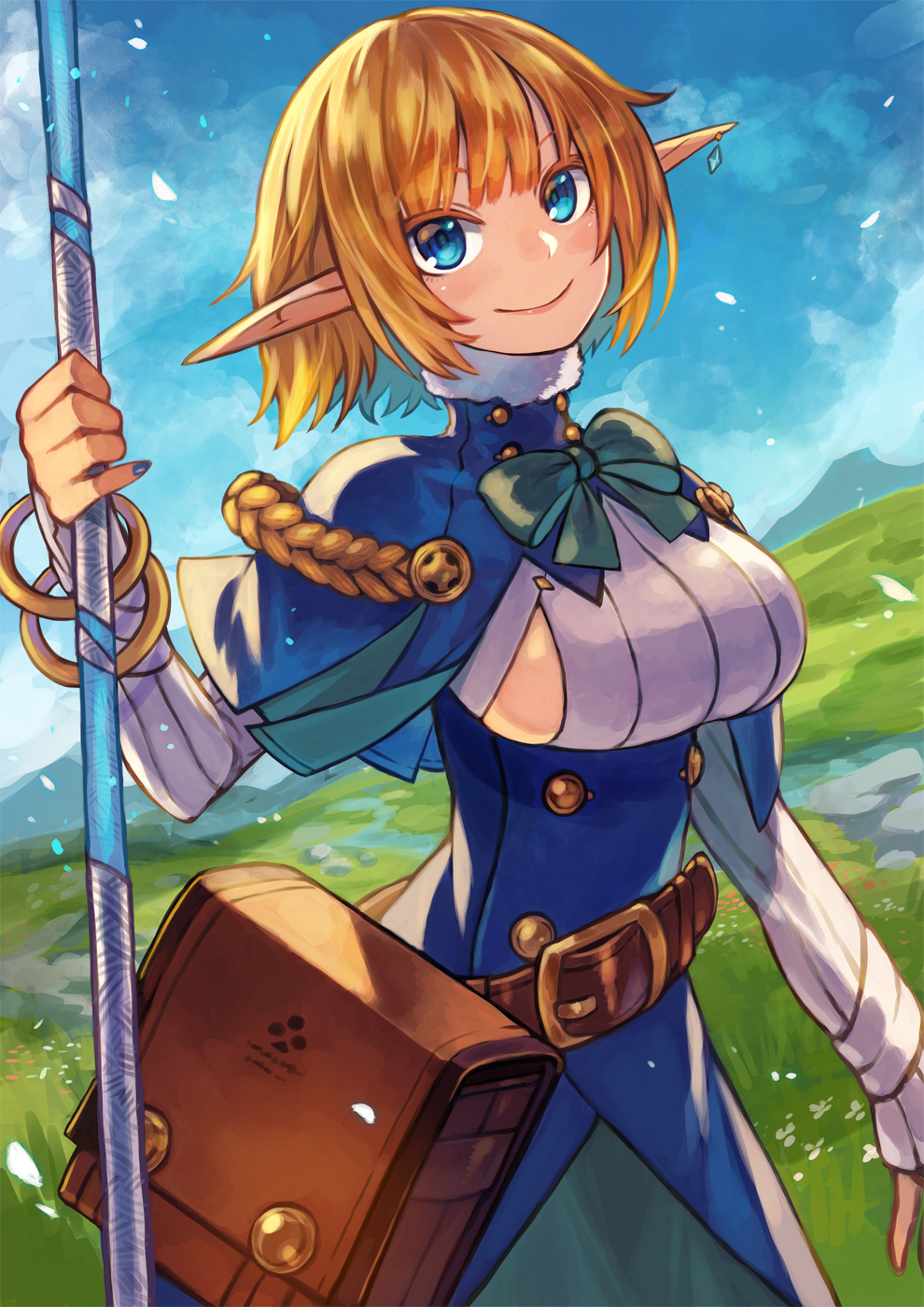1girl aiguillette aqua_bow aqua_skirt bangle bangs belt blonde_hair blue_capelet blue_eyes blue_nails blue_pupils blue_sky bow bracelet breasts brown_belt buttons capelet closed_mouth clouds colored_eyelashes day earrings elf fingernails fur_collar highres holding holding_staff jewelry large_breasts long_sleeves nail_polish original outdoors pointy_ears ringed_eyes rumie short_hair single_earring skirt sky sleeves_past_wrists smile solo staff turtleneck