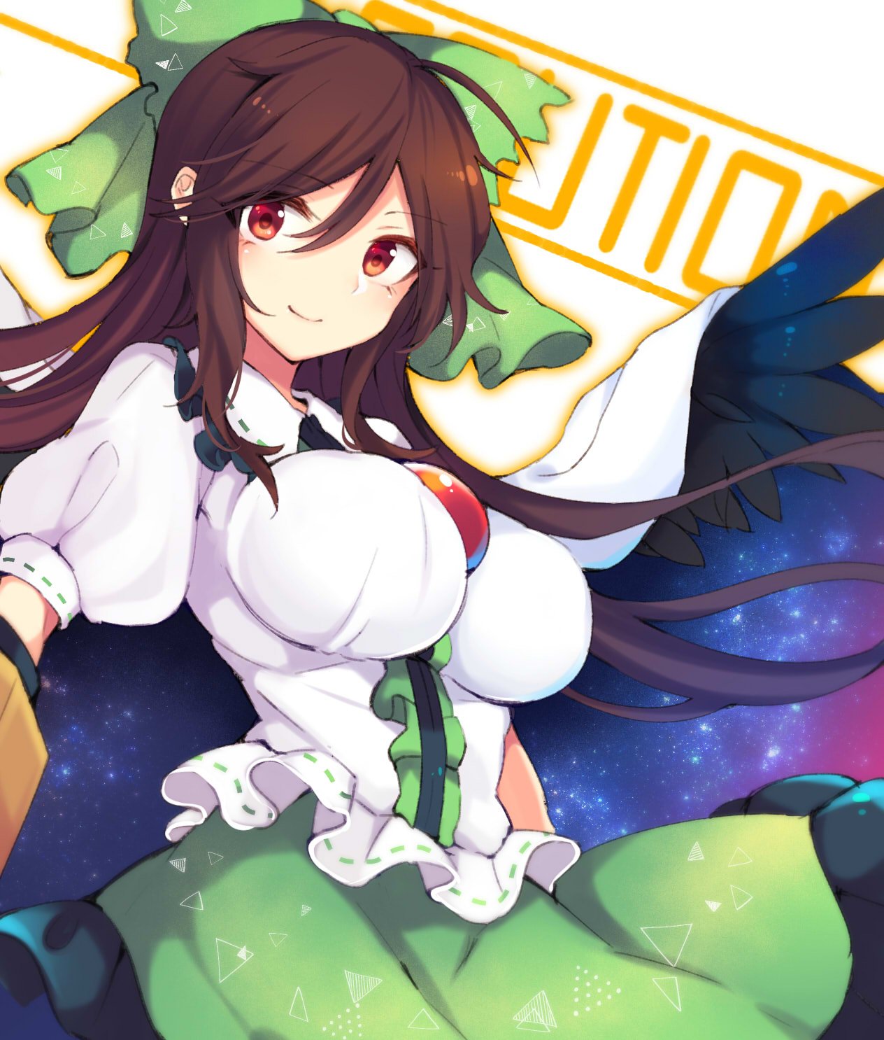 1girl bangs blush bow breasts brown_hair cannon cloak closed_mouth collared_shirt english_text eyes_visible_through_hair frills green_bow green_skirt hair_between_eyes highres large_breasts long_hair looking_to_the_side night night_sky one-hour_drawing_challenge puffy_short_sleeves puffy_sleeves red_eyes reiuji_utsuho shirt short_sleeves simple_background skirt sky sky_print smile solo space_print standing star_(sky) star_(symbol) star_print starry_sky starry_sky_print tama_(soon32281) third_eye touhou white_background white_cloak white_shirt wings