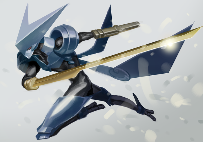 1boy android arm_blade armor blue_skin brigadoon colored_skin fighting_stance full_body grey_background helmet lens_flare maco_(soliddevil) melan_blue red_eyes solo weapon