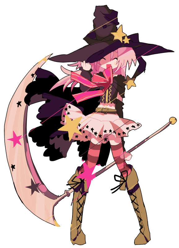 1girl :d adjusting_clothes adjusting_headwear arm_at_side belt black_cape black_headwear boots brown_belt brown_footwear cape closed_eyes crop_top cross-laced_footwear fold-over_boots full_body hair_between_eyes hat holding holding_scythe magia_record:_mahou_shoujo_madoka_magica_gaiden mahou_shoujo_madoka_magica medium_hair midriff miniskirt misono_karin navel open_mouth pink_ribbon pink_thighhighs print_skirt purple_hair purple_thighhighs ribbon scythe sidelocks simple_background skirt smile solo standing star_(symbol) star_print striped striped_thighhighs thigh-highs thighhighs_under_boots two-tone_thighhighs usagi_nui white_background white_skirt witch_hat zettai_ryouiki
