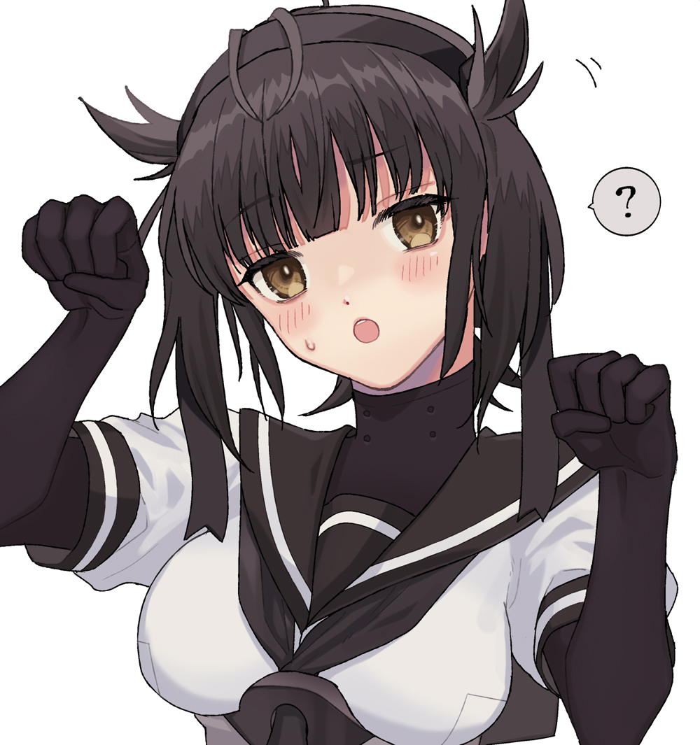 1girl :o ? bangs black_bodysuit black_hair black_headband black_neckerchief black_sailor_collar blush bodysuit breasts brown_eyes commentary_request hachimaki hair_between_eyes hair_flaps hatsuzuki_(kancolle) headband kantai_collection looking_at_viewer medium_breasts neckerchief parted_lips paw_pose sailor_collar simple_background solo spoken_question_mark upper_body waco white_background