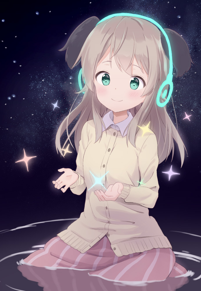 1girl buttons female_child green_eyes hand_on_headphones head_wings hide_0 hirschgeweih_antennas jacket light_brown_hair long_hair luminous_witches night night_sky shirt skirt sky smile solo sparkle star_(sky) starry_sky virginia_robertson white_shirt world_witches_series younger