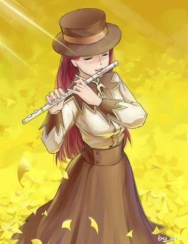 1girl artist_name autumn_leaves bamboocm breasts brown_headwear brown_skirt closed_eyes cowboy_shot field flute from_above from_side hands_up happy hat holding holding_instrument hunter_x_hunter instrument long_sleeves music playing_instrument redhead senritsu shirt skirt smile solo standing sunlight white_shirt