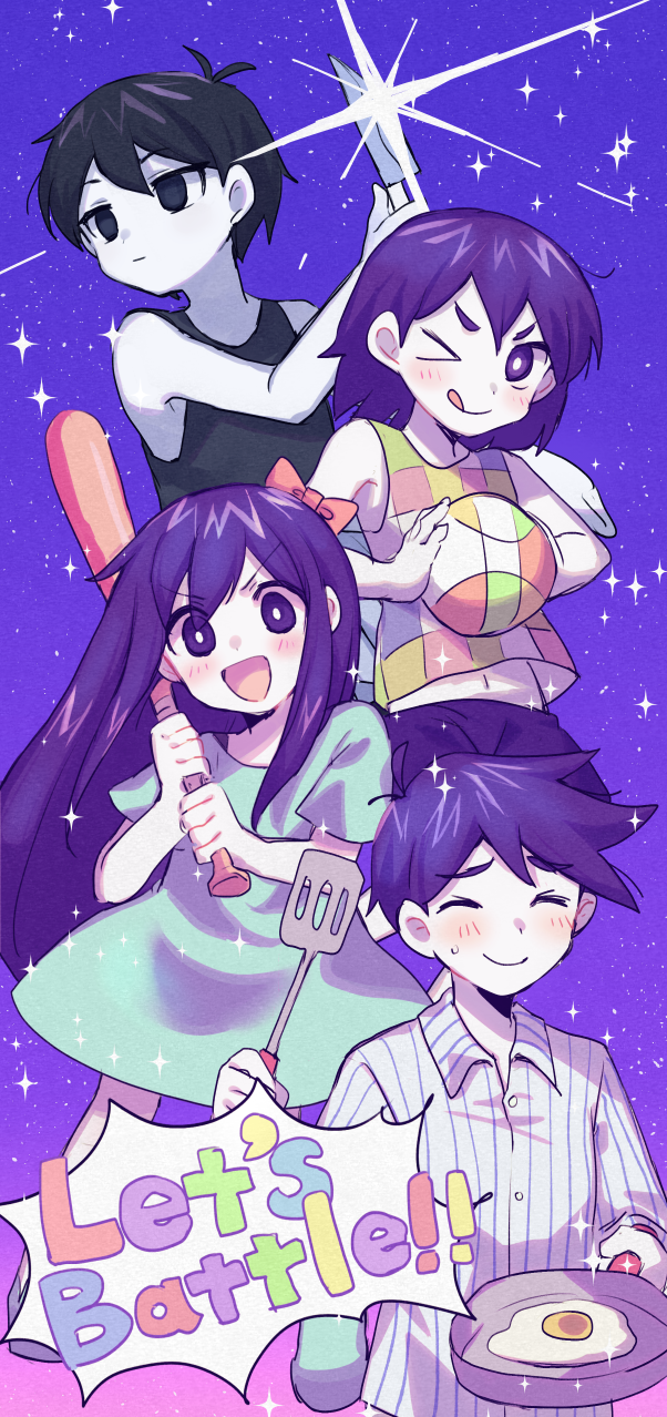 &gt;_o +_+ 1girl 3boys :q aubrey_(omori) ball baseball_bat black_eyes black_hair black_tank_top blush closed_eyes closed_mouth colored_skin egg_(food) expressionless hero_(omori) highres holding holding_ball holding_baseball_bat holding_knife kel_(omori) knife long_hair looking_at_viewer looking_to_the_side multiple_boys omori omori_(omori) one_eye_closed open_mouth pajamas purple_hair purple_sky smile star_(sky) sweat tank_top tongue tongue_out violet_eyes white_skin xox_xxxxxx