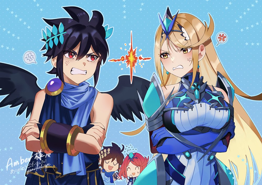 2boys 2girls angel_wings angry armor bangs bare_shoulders blonde_hair blush bracer breasts brown_hair cape chest_jewel chibi closed_mouth dark_pit dress earrings elbow_gloves feathered_wings gloves headpiece jewelry kid_icarus kid_icarus_uprising large_breasts long_hair multiple_boys multiple_girls mythra_(massive_melee)_(xenoblade) mythra_(xenoblade) open_mouth pantyhose pit_(kid_icarus) pyra_(xenoblade) red_eyes redhead short_hair smile super_smash_bros. swept_bangs tiara very_long_hair wings xenoblade_chronicles_(series) xenoblade_chronicles_2 yasaikakiage yellow_eyes