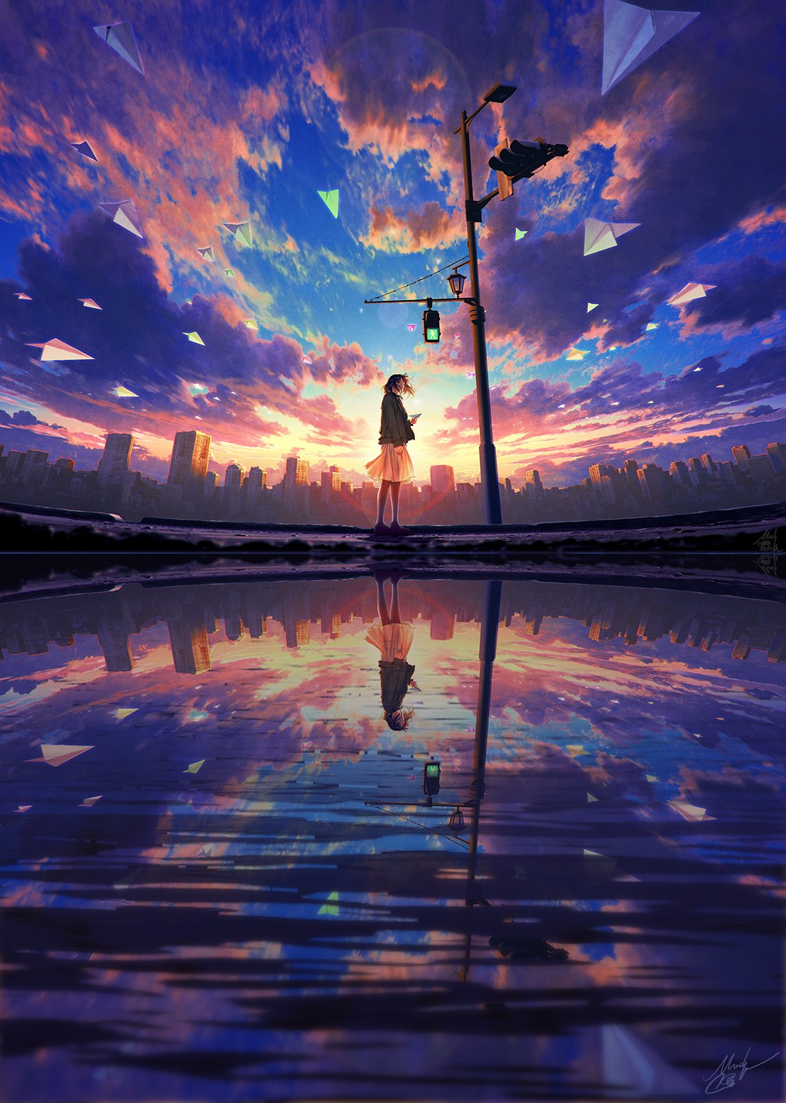 1girl building city clouds highres jacket lamppost looking_back medium_hair mocha_(cotton) original outdoors paper_airplane reflection scenery skirt sky traffic_light water