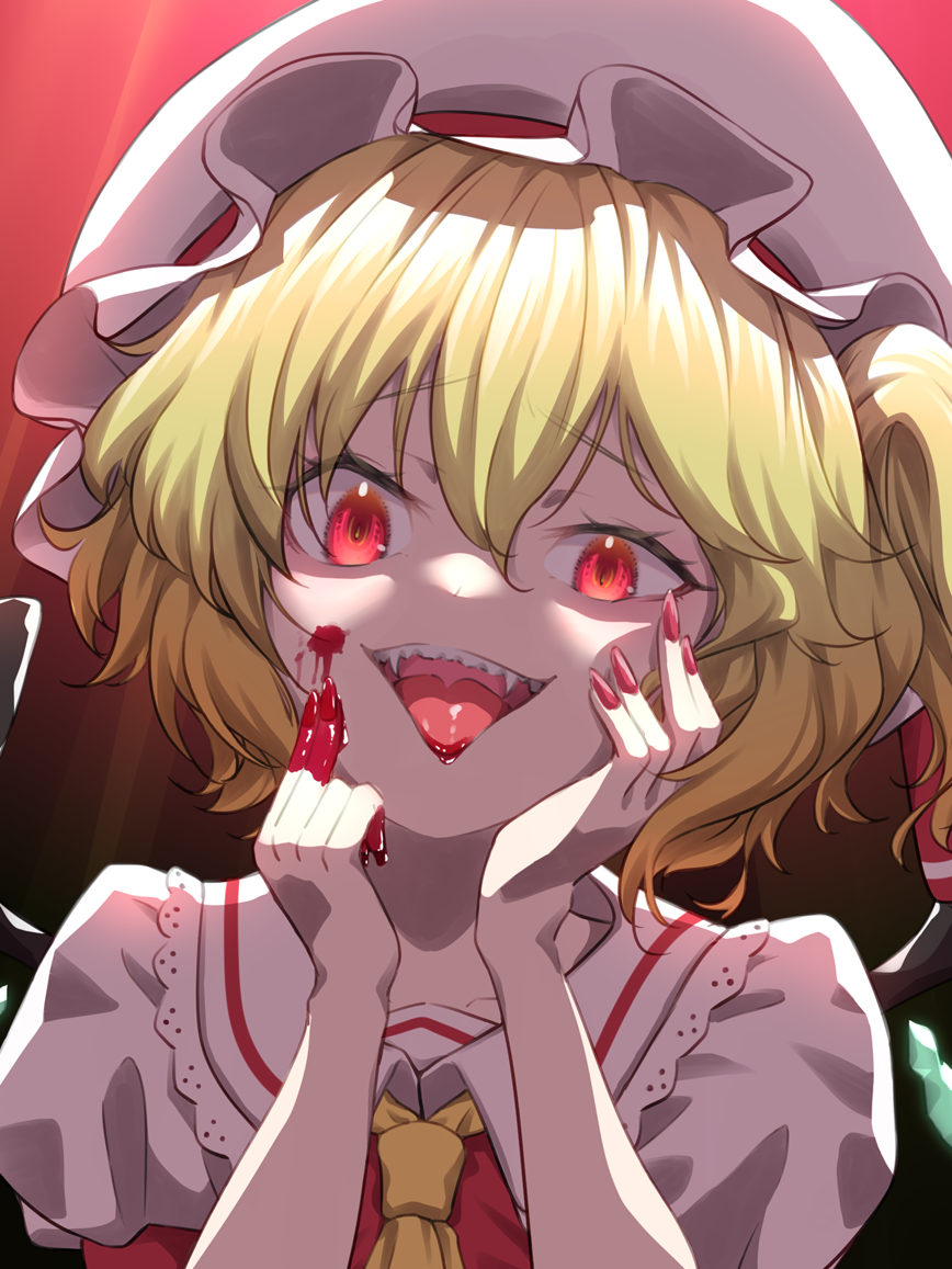 1girl ascot blonde_hair blood blood_on_face blood_on_hands collarbone fangs fingernails flandre_scarlet girouette00 gradient gradient_background hair_between_eyes hat hat_ribbon looking_at_viewer medium_hair mob_cap nail_polish open_mouth puffy_short_sleeves puffy_sleeves red_background red_eyes red_nails red_ribbon red_vest ribbon sharp_fingernails sharp_teeth shirt short_sleeves side_ponytail simple_background solo teeth touhou upper_body upper_teeth vest white_headwear white_shirt yellow_ascot